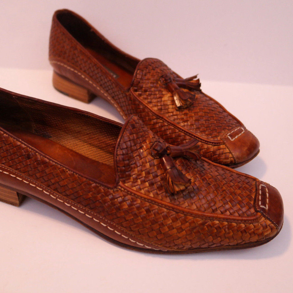 Sesto Meucci Brown Leather Woven Loafers Size 8.5